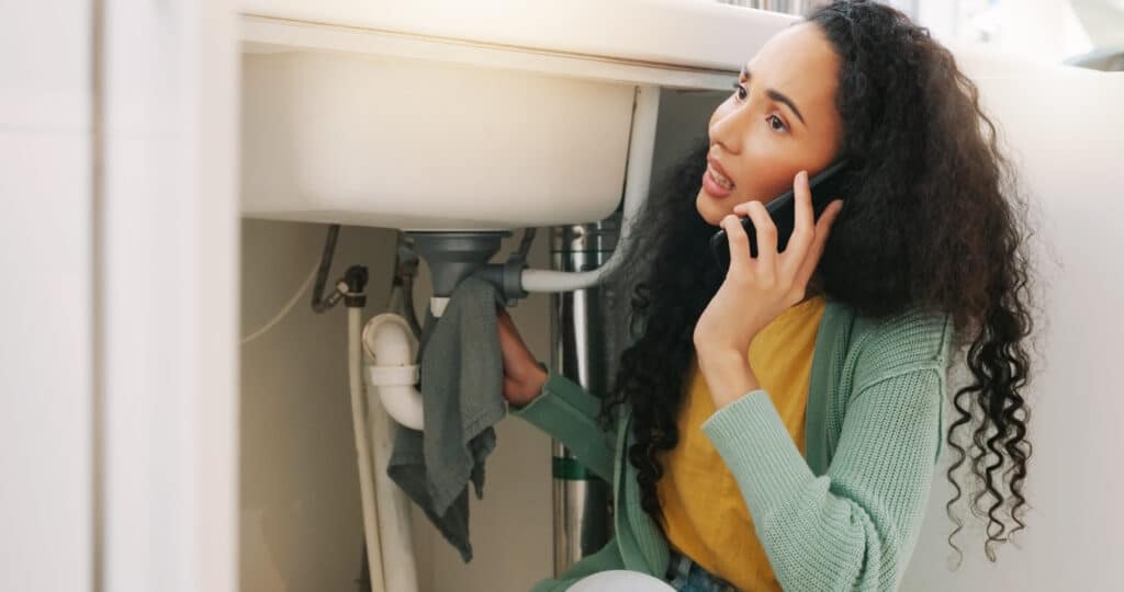 Sink leak, plumbing and woman on a phone call for maintenance, plumber service and home construction. Communication, manual lab our and stressed girl calling handyman for faucet, pipes or kitchen leak, need Professional Drain Cleaning